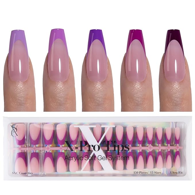 SXC Cosmetics French Tip Press On Nails 150 Pieces in 15 Sizes Ultra Fit with Pre-applied Tip Primer and Base Coat, No Need to File Fake Nails for Nail Art DIY X-Pro Tips (5PURPLE120-M Coffin)