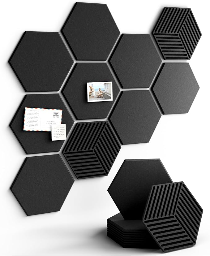Fluxynara 10-Pack Hexagon Felt Bulletin Board Tiles, Black | Cork Board Alternative for Wall Decor and Vision Boards, with 50 Adhesive Tabs for Home, Office, Classroom or Dorm.