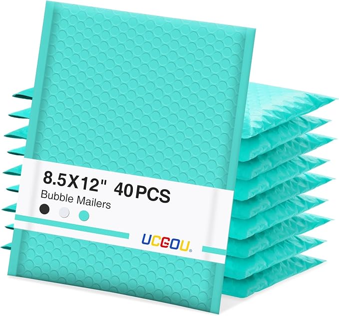UCGOU Bubble Mailers 8.5x12" 40 Pack Usable Size 8.5x11" Teal Shipping Bag | Waterproof Self Seal Adhesive Medium Padded Envelopes for Small Business Bulk Bubble Wrap Mailers for Mailing Jewelry Makeup