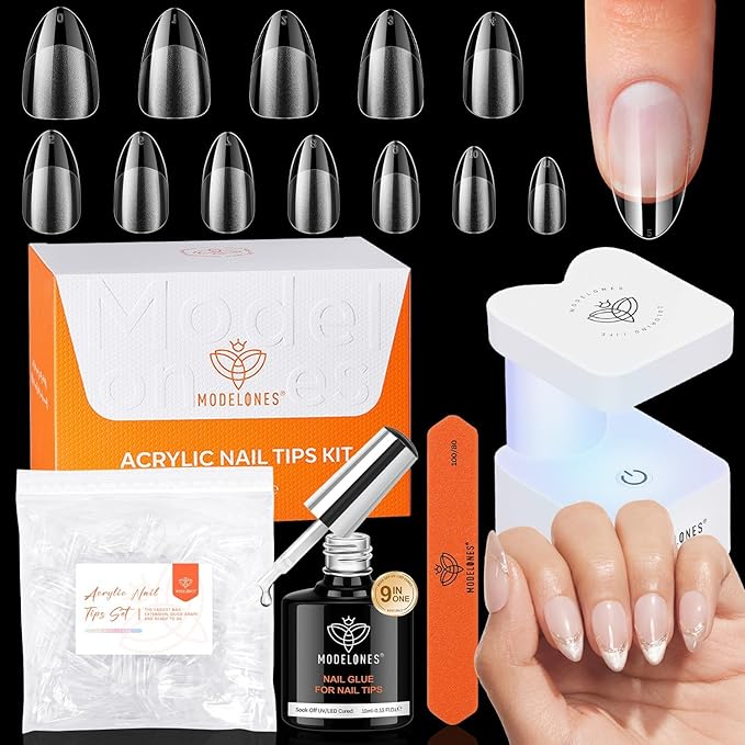modelones X Nail Gel Kit Short Almond, 9-in-One Nail Glue with Portable U V Lamp 216Pcs 12Sizes Pre-Etched Press ons Fake Acrylic Extension Kit DIY Salon Gift for Women