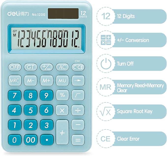 Deli Standard Function Basic Calculator, 12 Digit Desktop Calculator with Large LCD Display, Solar Battery Dual Power Office Calculators, Blue