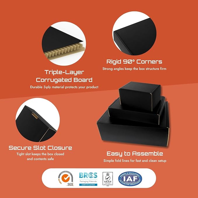Corrugated Shipping Box Mailers, Kraft Brown, Triple-Layer Board Secure Slot Closure (Black, 9"x6.5"x2" / Set of 20)