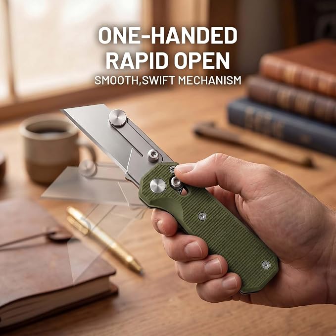 Folding Utility Knife, Pocket Knife, Box cutter Knife with Pocket & Rail Lock, Durable Razor Knife for Home Office Warehouse Everyday Carry, Gift for Men Women（Green）
