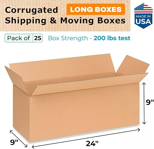 Long Moving & Shipping Boxes 24"L x 9"W x 9"H (25-Pack) - Extra Strength 200 lb vs Regular - Corrugated Moving Boxes for Delivery - Cardboard Box for Shipping - Long Box by IDL Packaging | Extra Strength 200 lb vs Regular - Corrugated Moving Boxes for ...