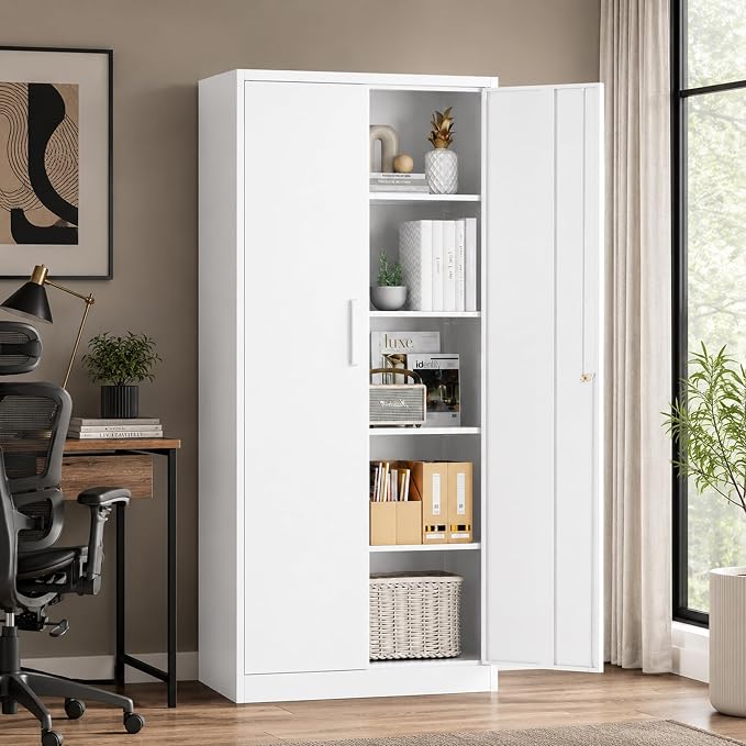Metal Storage Cabinet with Locking Doors, 71" Tall Steel Locker Organizer with Adjustable Shelves, Garage Utility Cabinet for Home, Office, Shop, and School