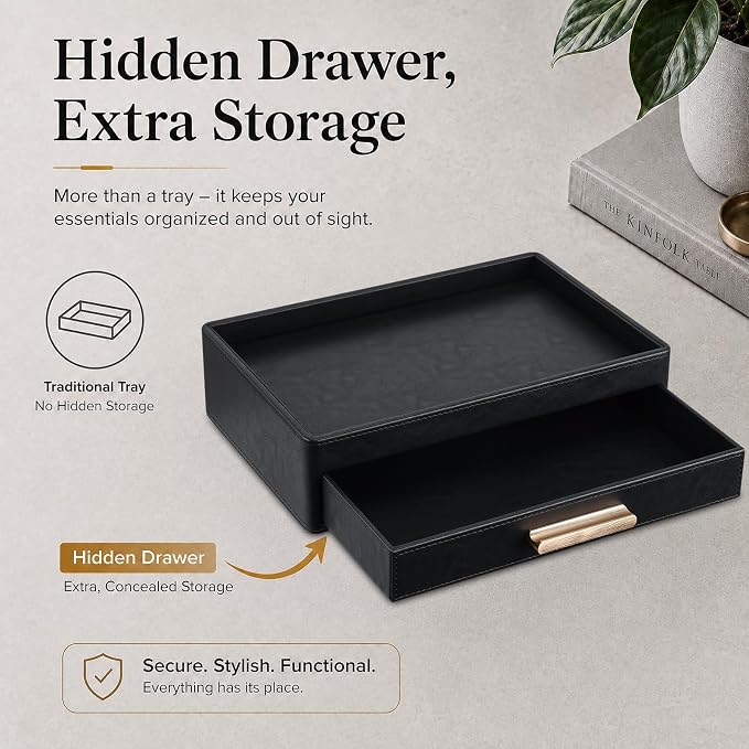 GORESE Leather Valet Tray for Men, Nightstand Organizer with Drawer, Black | Vegan Leather, EDC Desk Organizer Tray for Jewelry Cologne Watch Wallet Key, Catchall Tray for Dresser Entryway Table Bedside