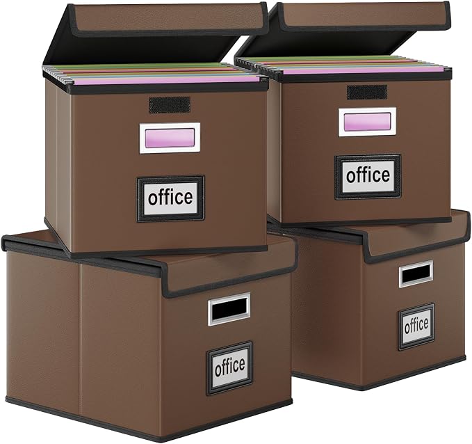 File Organizer Box with Lids, Collapsible File Folder Organizer | File Box with Plastic Slides for Document, Filing Bin for Letter Size Hanging File Folders (4 Pack, Dark Brown, Leather)