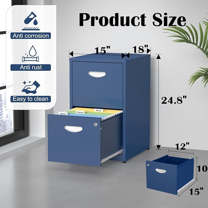 SteeLoong 2 Drawer File Cabinet,Metal Office File Cabinet with Lock,Blue | Filing Cabinets for Home Office,Vertical Modern File Cabinet Office Two Drawers for Hanging Letter,Assembly Required