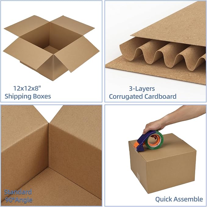 Hoikwo 12x12x8 Shipping Boxes Set of 15 | Thin Brown Corrugated Cardboard Box for Small Business for Packaging Mailing Light Weight Items