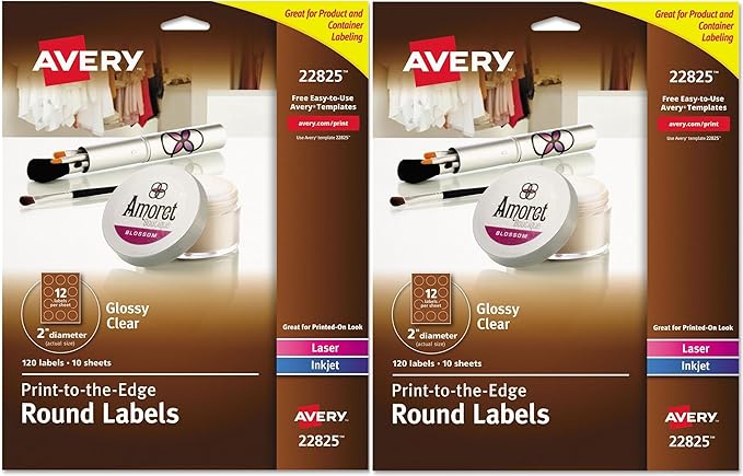 Avery Printable Round Labels with Sure Feed, 2" Diameter, Glossy Clear, 120 Customizable Labels (22825) - Pack of 2