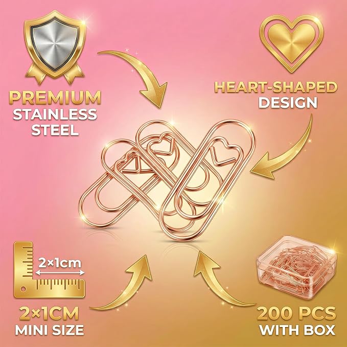 200 Pcs Cute Rose Gold Heart Shaped Paper Clips, Mini Stainless Steel Decorative Paperclips for Office School Home Desk Organizers, Wedding Invitation Accessories (Rose Gold)