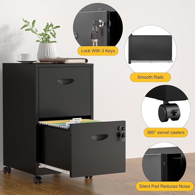 SteeLoong 2 Drawer File Cabinet,Metal Mobile File Cabinet with Lock Black | Filing Cabinet with Wheel,Vertical File Cabinet for Home Office,Under Desk Rolling File Cabinets for Hanging Letter/A4