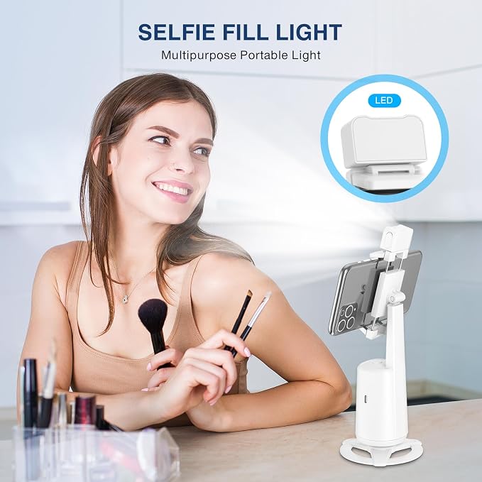 Auto Face Tracking Tripod 360° Rotating Cell Phone Photo and Video Kits Stand, No App, Camera Stand with Remote and Gesture Control, Rechargeable Smart Shooting Stand for Live Recording Tiktok（White）
