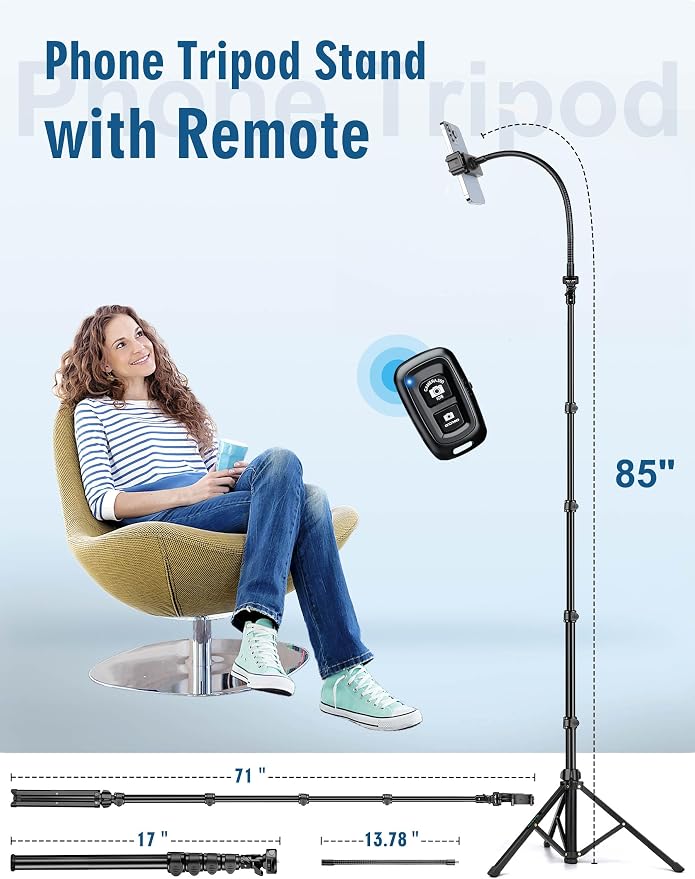 Phone Tripod, 85" Tripod for Cell Phone iPhone with Gooseneck | Aluminum Tripod Stand for Video Recording Photo Vlog, Travel Cellphone Tripod with Remote Compatible with iPhone Android