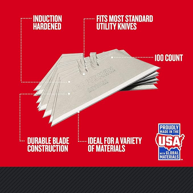 CRAFTSMAN Utility Knife Blades, 100 Pack, for Drywall, Leather, Rubber and More (CMHT11921A)