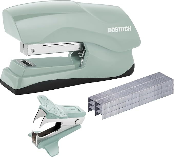 Bostitch Heavy Duty Stapler Value Pack, 40 Sheet Capacity, Sage | Half-strip, flat-clinch design opens fully for tacking bulletin boards; includes a staple remover and 5,000 staples.
