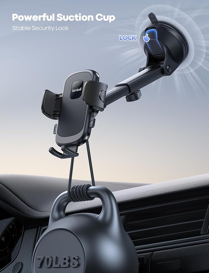 Lamicall Car Phone Holder Military-Grade Suction Cup Dashboard Windshield | 360° Rotation Phone Holders for Your Car, Quick Release Adjustable Phone Mount for Car for iPhone 17 16 15 Pro Max Dark Grey