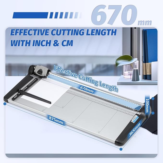 670mm(26.37") Rotary Paper Trimmer, 15 Sheets Heavy Duty Paper Trimmer | Sharp & Safe Blade, Effective for A2-A6 Sizes, Commercial Grade Rotary Paper Cutter for Home/Office/School, Black & Silver