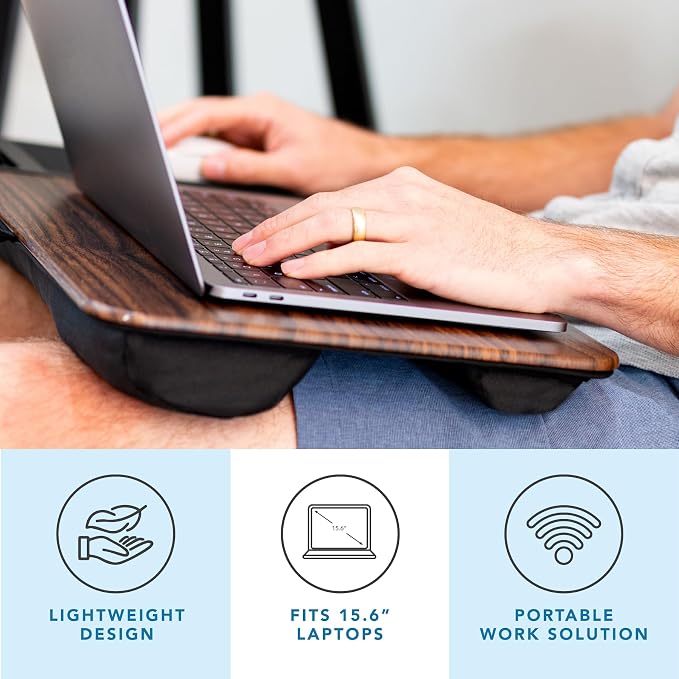 LAPGEAR Home Office Lap Desk – Espresso Woodgrain, Fits 15.6” Laptops | Built-In Mouse Pad & Phone Slot, Integrated Device Ledge, Dual-Bolster Microbead Cushion, Carry Handle