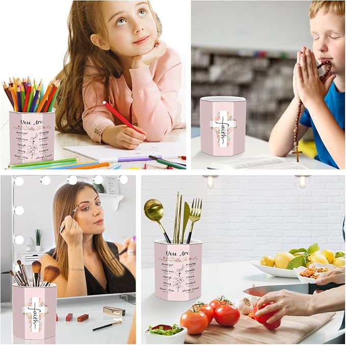 Pen Holder for Desk, Cute Ceramic Pencil Holder, Pen Cup Marker Holder Makeup Brush Holders, Desk Accessories & Workspace Organizers for Office, Home, Religious Style