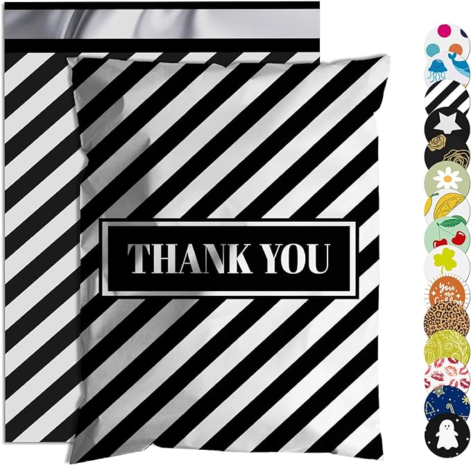 Thank You Poly Mailer 10x13 Inch 25 Pcs, Waterproof and Tear-Resistant Shipping Bags for Clothing, Black and White Striped Printed Packaging Bags for Small Business