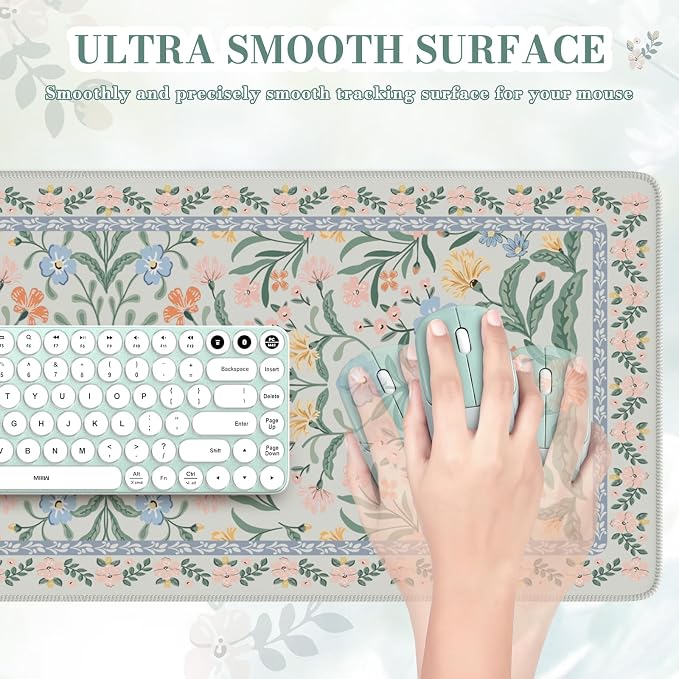 iCasso Aesthetic Desk Mat,31.5x11.8 Mouse Pads,Green Floral | Anti-Slip Mousepad with Stitched Edges, Waterproof Computer Pad, Green Desk Accessories Office Decor for Women