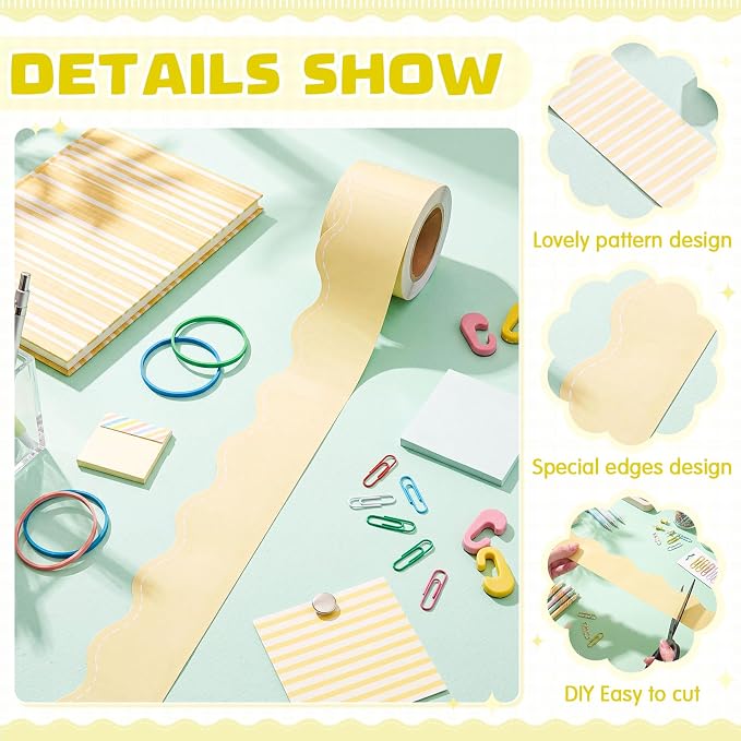 2 Rolls 65.6ft Marcaron Yellow Striped Bulletin Board Borders Decoration Scalloped and Straight Edge Yellow Bulletin Borders Board Trim for Office School Classroom Chalkboard Party Decoration
