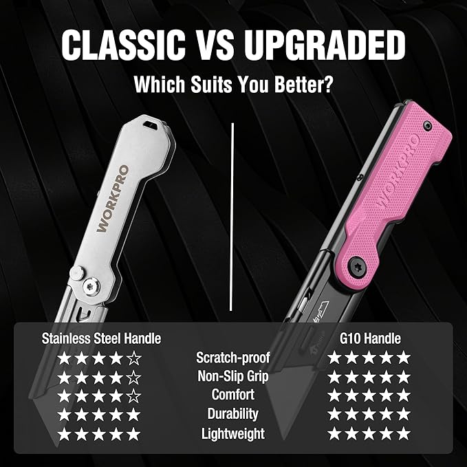 WORKPRO Folding Utility Knife with 10 Extra SK5 Blades, EDC Razor Sharp Knife with G10 Handle, Quick Change Box Cutter with Belt Clip, for Heavy Duty, DIY, Home, Office & Artcraft Use - Pink