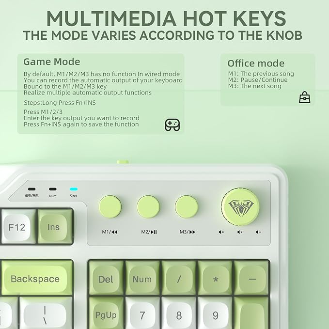 Aula F3099 Wireless Keyboard with Media Knob, Tri-Mode BT5.0/2.4GHz/USB-C Cute Creamy Keyboard with Number Pad, RGB Backlit Gaming Keyboard, Quiet Typing Green Computer Keyboards for Office Laptop/PC