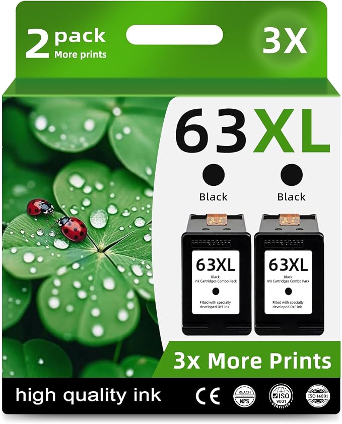 63XL Ink Cartridges Replacement for HP Ink 63 XL HP63 HP63XL 2 Black | Fit for HP63 3830 5255 5258 4650 Envy 4520 4512 Deskjet 3632 1112 3637 3630 Printers BK