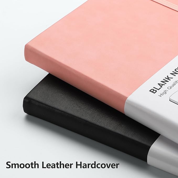 RETTACY Blank Journal Notebook, 2-Pack, 192 Pages per Pack, A5 Medium Size (5.7'' x 8.3''), Leather Hardcover, 100 GSM Thick Paper, for Sketching, Drawing, Painting (Black & Pink)