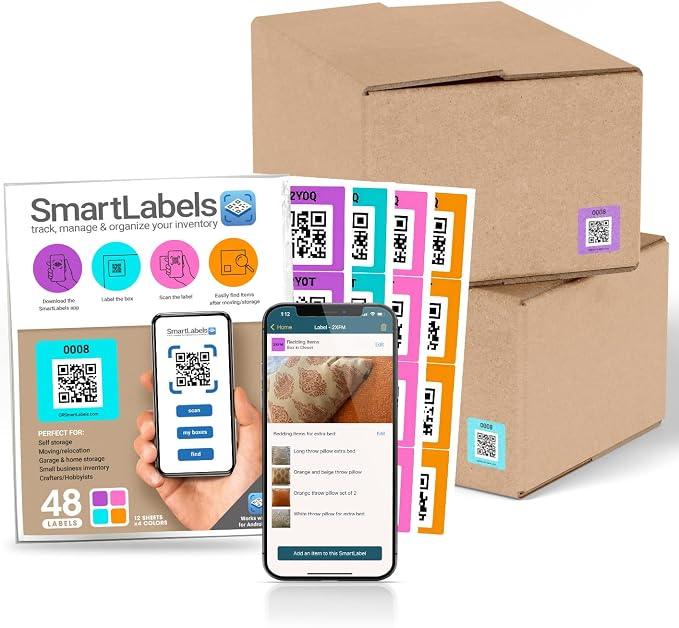 QR Code Stickers with AI Photo Analysis App - Auto-Creates Item Descriptions - No Typing - Made in USA - QR Code Labels for Storage & Inventory Tracking, Organization & Moving, Pack of 48