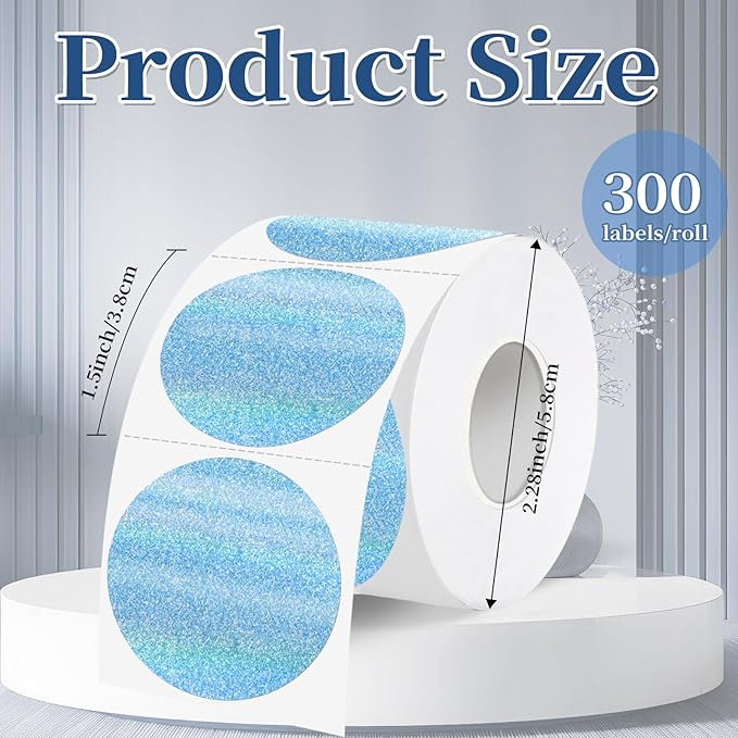 1.5 Inch Thermal Labels,Holographic Circle Direct Thermal Stickers,for Address Design DIY Logo Business(300 pcs/Blue dots)