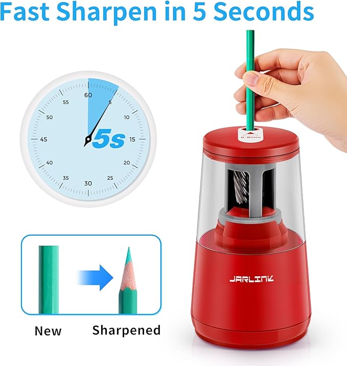 JARLINK Electric Pencil Sharpener, Heavy-Duty Helical Blade to Fast Sharpen, Auto Stop for No.2/Colored Pencils(6-8mm), USB/Battery Operated in School Classroom/Office/Home (Red)