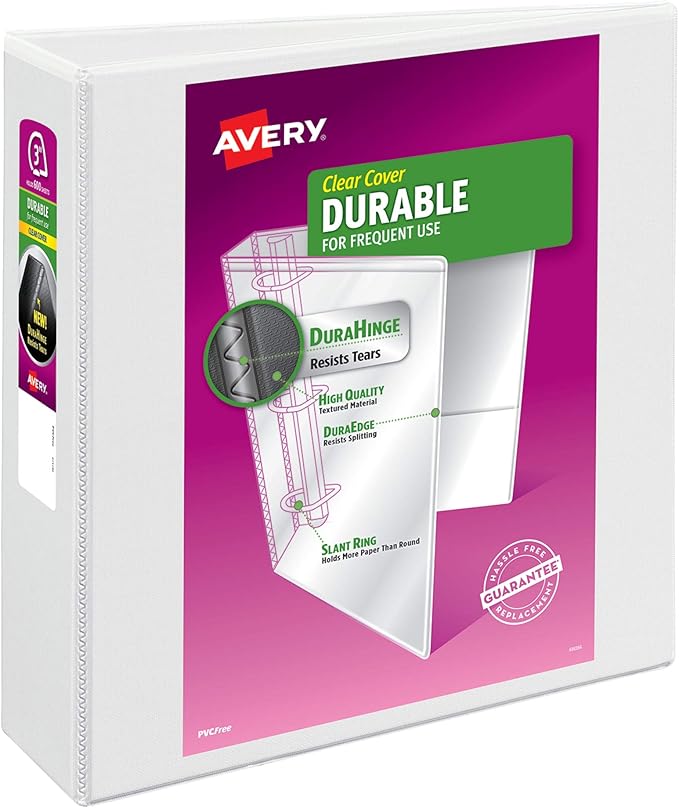 Avery Durable Clear View 3 Ring Binders, 3 Inch EZD Rings, 1 White Binder (09701)