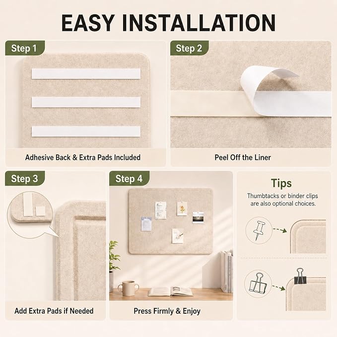 Felt Bulletin Board for Wall 36" x 24" Unfolded Size, Frameless Felt Pin Board, Soft Cork Board Alternative for Office, Home Planning, Notes, Photos & Wall Decor, Foldable Shipping, Easy Install