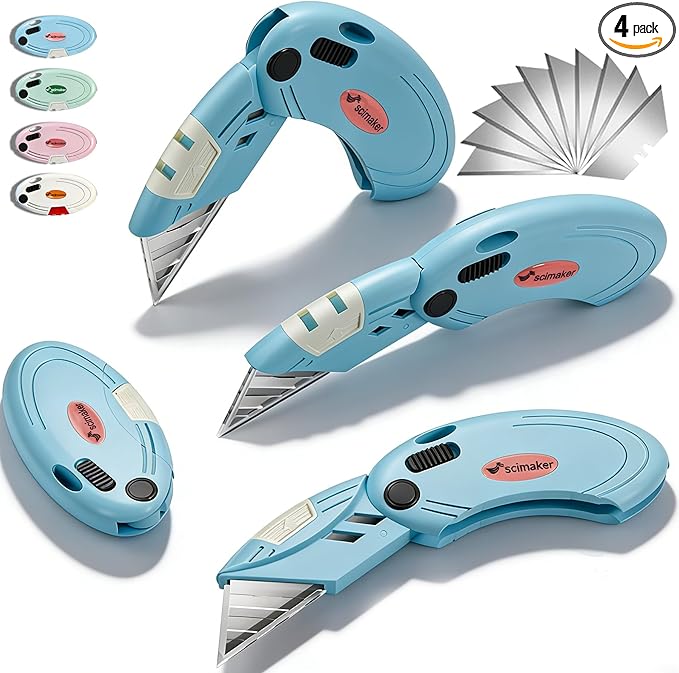 Box Opener with 10 Extra Blades,Mini Box Cutter with Button Lock Mechanism,Razor Blades Utility Knife for Opening Daily Express Boxes, Packages, Envelopes,Paper tapes.Blue,4 Pcs.