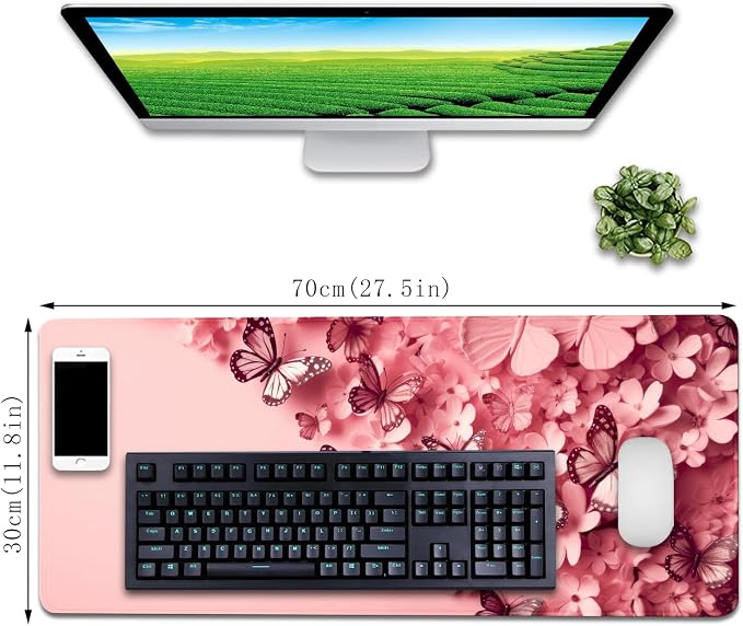 Pink Butterfly Mouse Pad Desk Mat Large Mouse Pads Desk Pad Computer pad | Stitched Edges Rubber Non-slip Girls Office Study Gaming XL Long Extended for Keyboard Laptop PC
