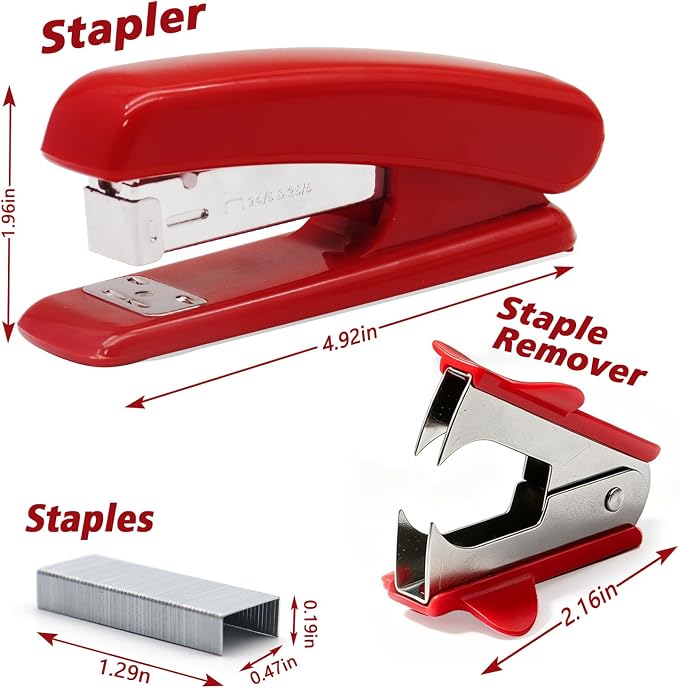 Red Stapler with 2000 Staples and Staple Remover, Red Office Supplies | 25 Sheet Capacity Desktop Stapler for Students and Office Clerks, Cute Stapler for Classroom