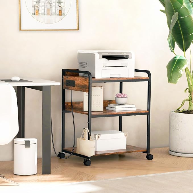 3-Tier Large Printer Stand with Power Outlet and Adjustable Storage Shelf | Printer Table for Home Office 25.2" x 18.9" Printer Cart with Wheels Rolling Cart for a CPU Tower or Shredder,Brown