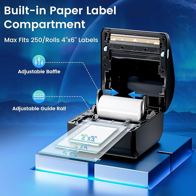 Bluetooth Shipping Label Printer with 3 Roll Labels | D450BT Thermal Label Printer 4x6 with Built-in Label Bin, Thermal Printers Come with 750PCS 4x6‬ Labels (250 Labels/Roll)