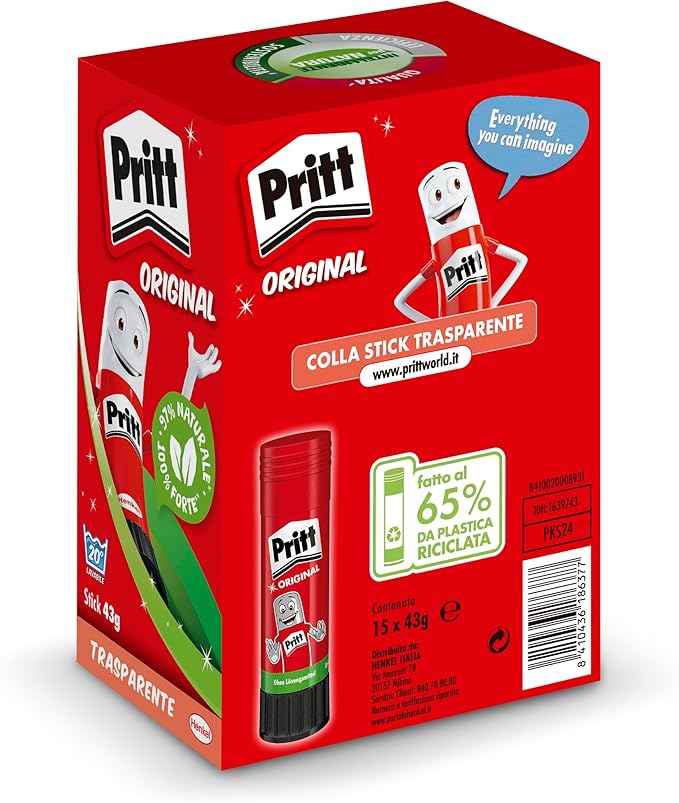 Pritt Glue Stick Pack of 10 - Water Soluble at Low Temperature, Removable, for Children - Large (43g)