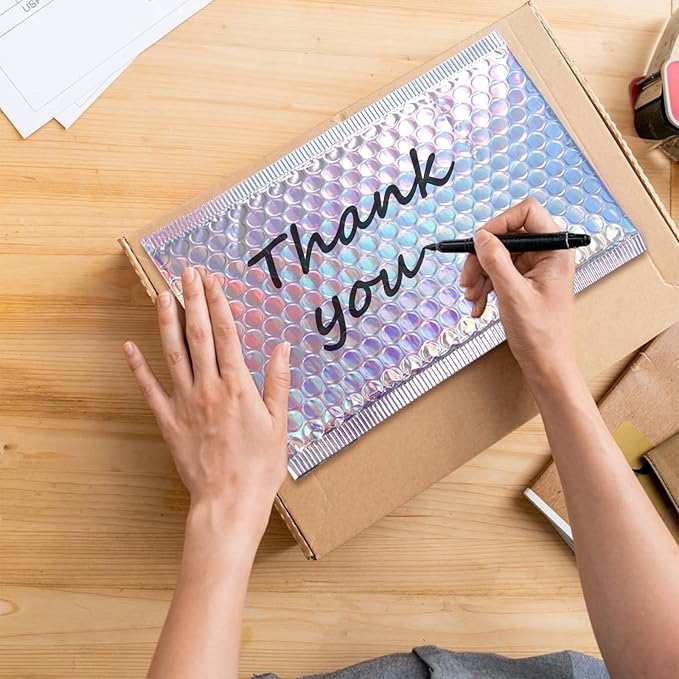 50 Pieces Metallic Bubble Mailers, Self-Seal Poly Padded Envelopes, Waterproof Holographic Bubble Shipping Envelopes for Mailing, Packing, Small Business, Christmas Gifting