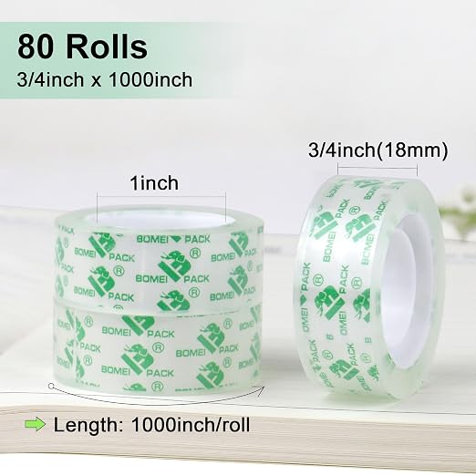 BOMEI PACK 80 Rolls Crystal Clear Tape Refills, Stationery Transparent Tape, 3/4 x 1000 Inches