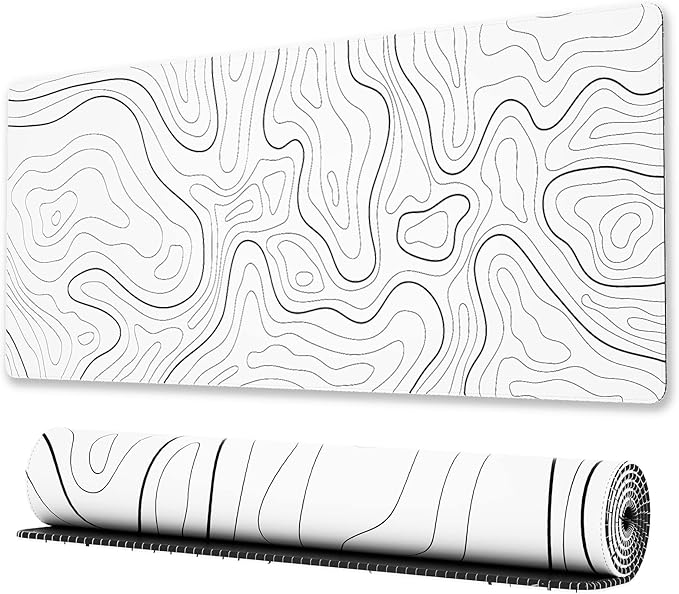 Ovenbird Large Gaming Mouse Pad with Stitched Edges, Minimalist Topographic Map Desk Mat, Extended XL Mousepad with Anti-Slip Base, Cool Desk Pad for Keyboard and Mouse, 35.4 x 15.7 in, White
