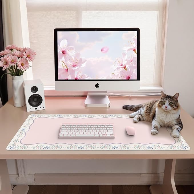 iCasso Pink Desk Mat,Cute Desk Pad for Keyboard and Mouse | Anti-Slip Large Mousepad,Soft Lycra Surface Computer Mat Women,Girly Keyboard Pad for Home Office
