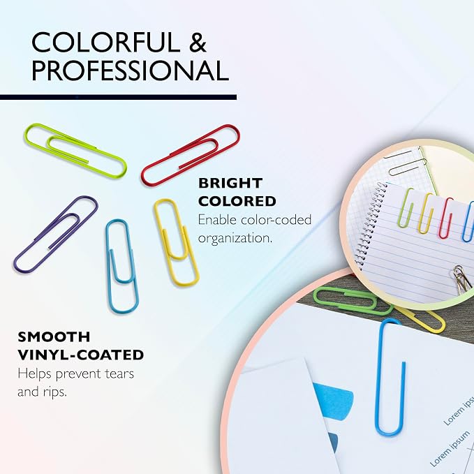 2 Pk, Bazic Vinyl-Coated #1 Regular Assorted Paper Clips, 33mm, 200 Per Pack