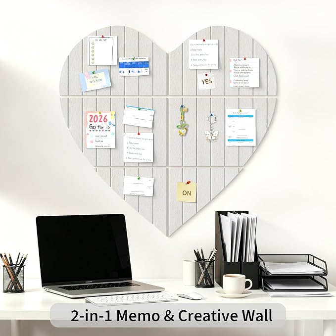 Heart Shaped Felt Bulletin Board 29"x29", 6 Tiles Wall Decor, Beige | Photo Display Memo Board for Office Home, Felt Pin Board with Adhesive Tiles and Pins for Notes, Photos and Artwork