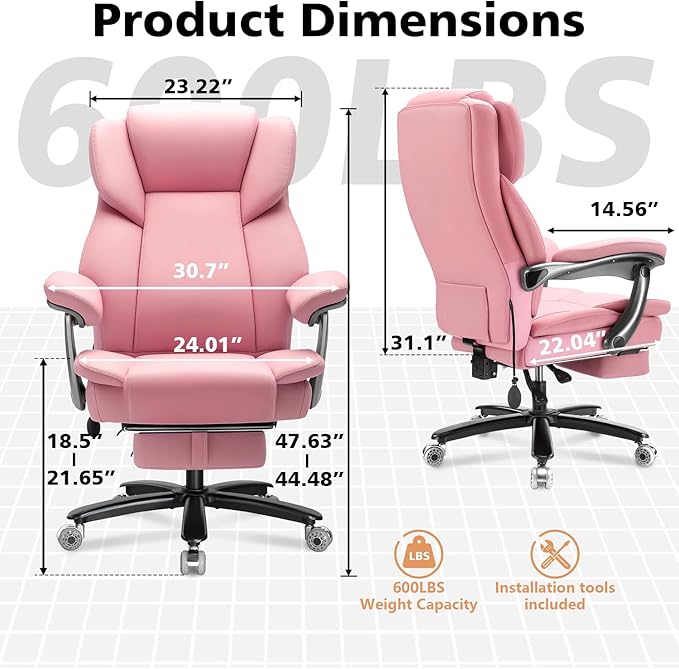 600lbs Big and Tall Office Chair for Heavy People,Heavy Duty Comfy Executive Office Desk Chair with Adjustable Lumbar Support,High Back Reclining PU Leather Computer Chair (Classic, Pink)