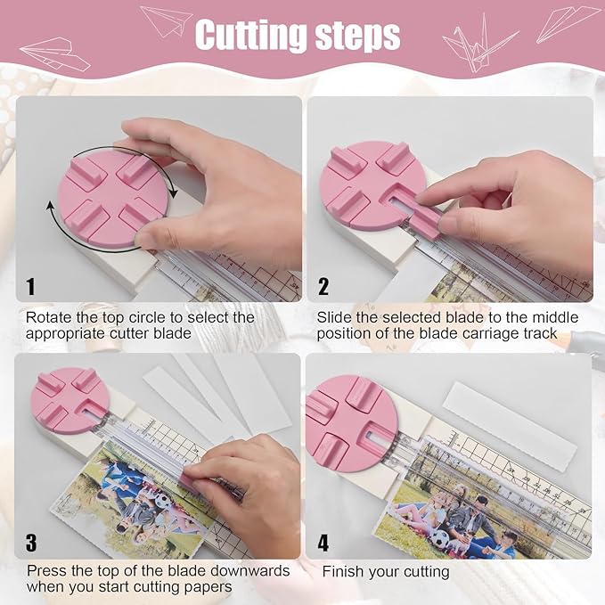 Paper Trimmer, 4 Styles Craft Paper Cutter Multi-Function Scrapbooking Tool for Cutting Paper Photos Scrapbook Postcard (Straight, Wave, Perforated and Creasing Lines) (Pink)